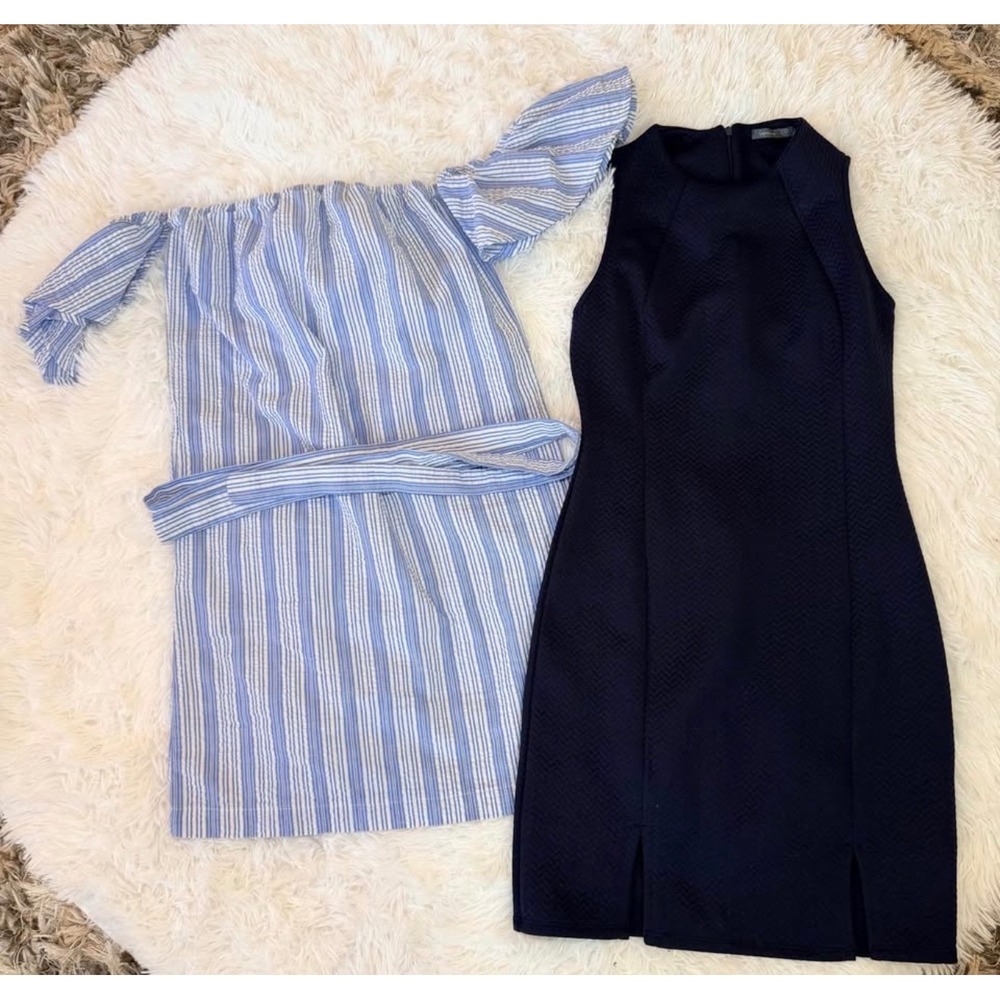 Mimi Chica Pinstripe Off Shoulder & Soprano Navy Textured Dress Set XS 2pc